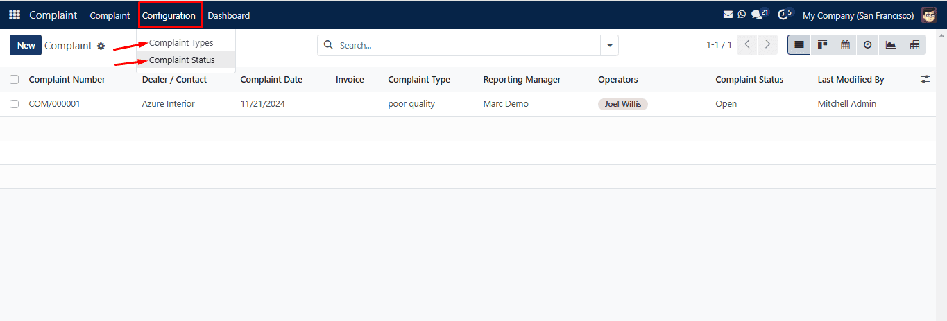 Complaint Configuration