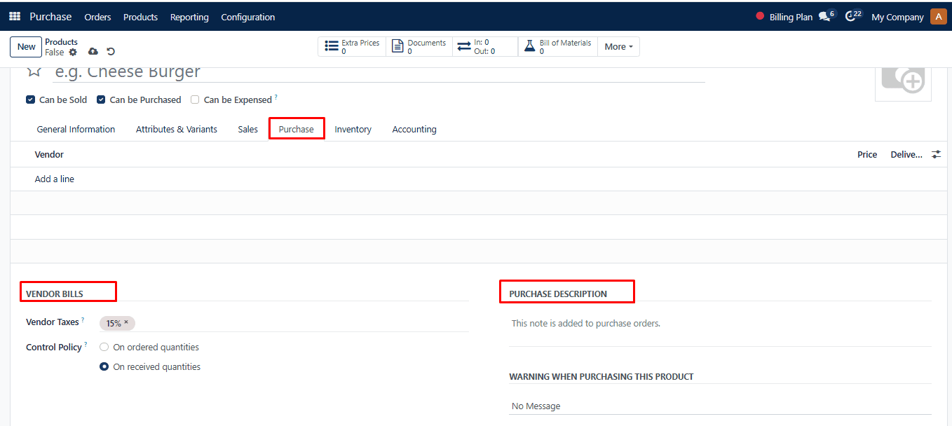 Add a Line button under the Purchase tab
