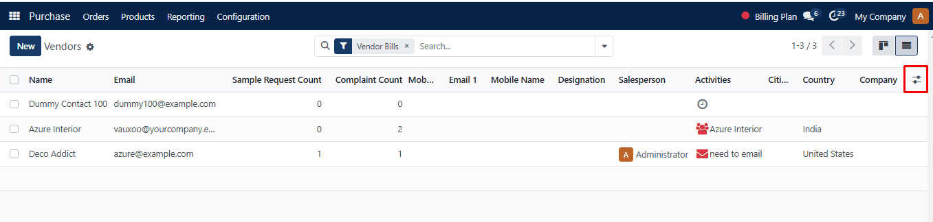 Advanced toolbar on Vendor List