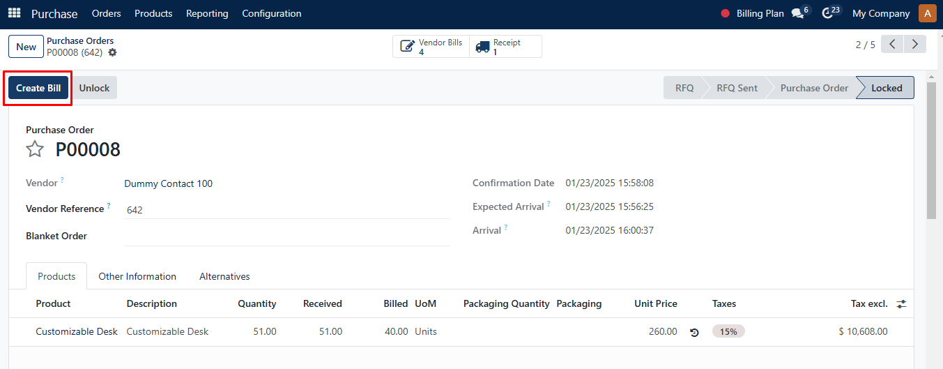 Creating a vendor bill for a purchase order