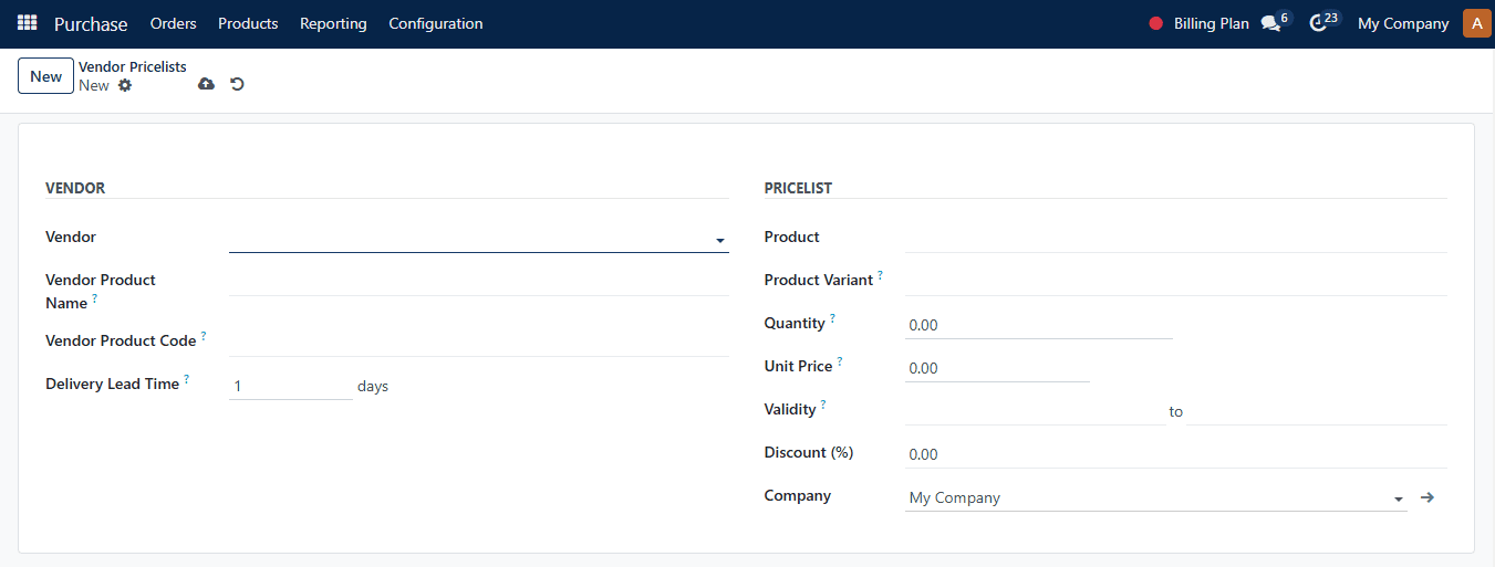 Fill in the details of the new Vendor Pricelist
