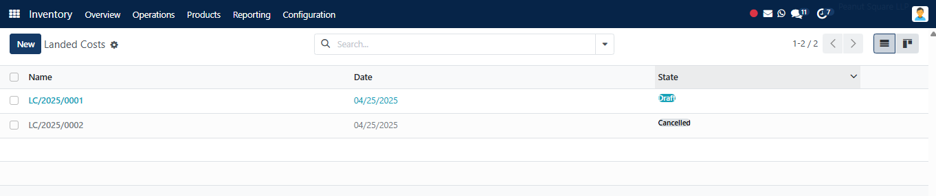 Landed Costs List View