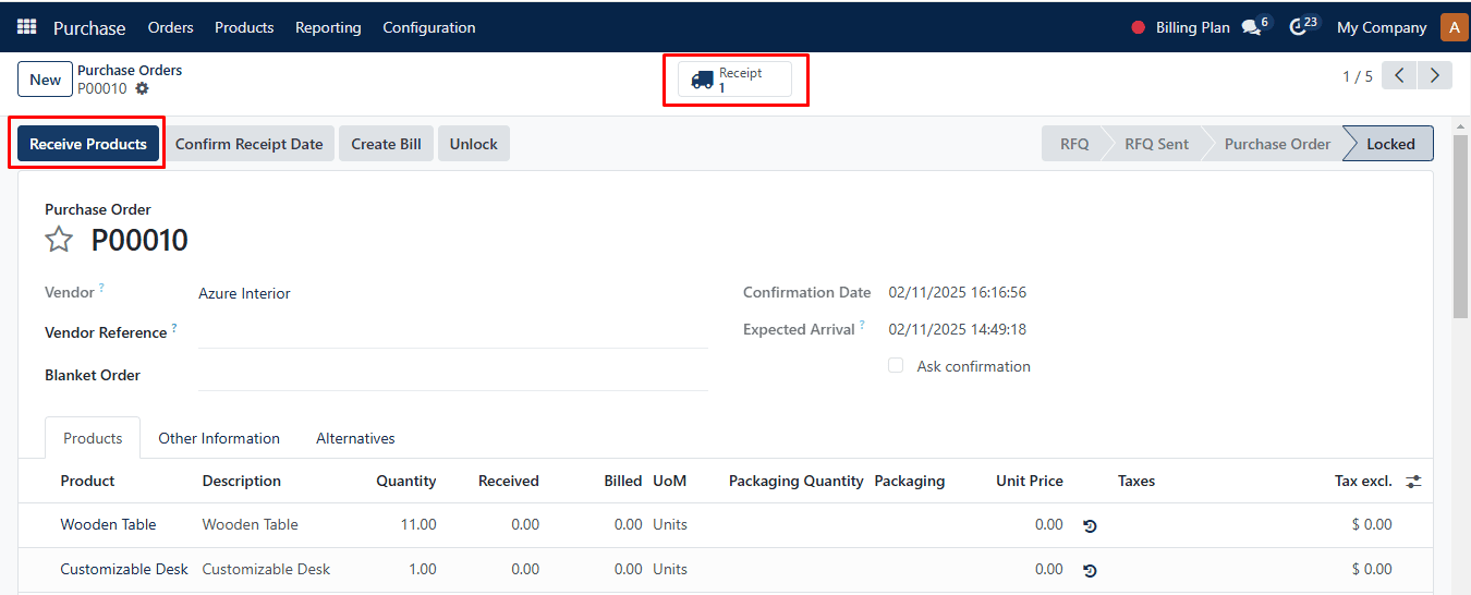 Receive Products on Purchase Order Page