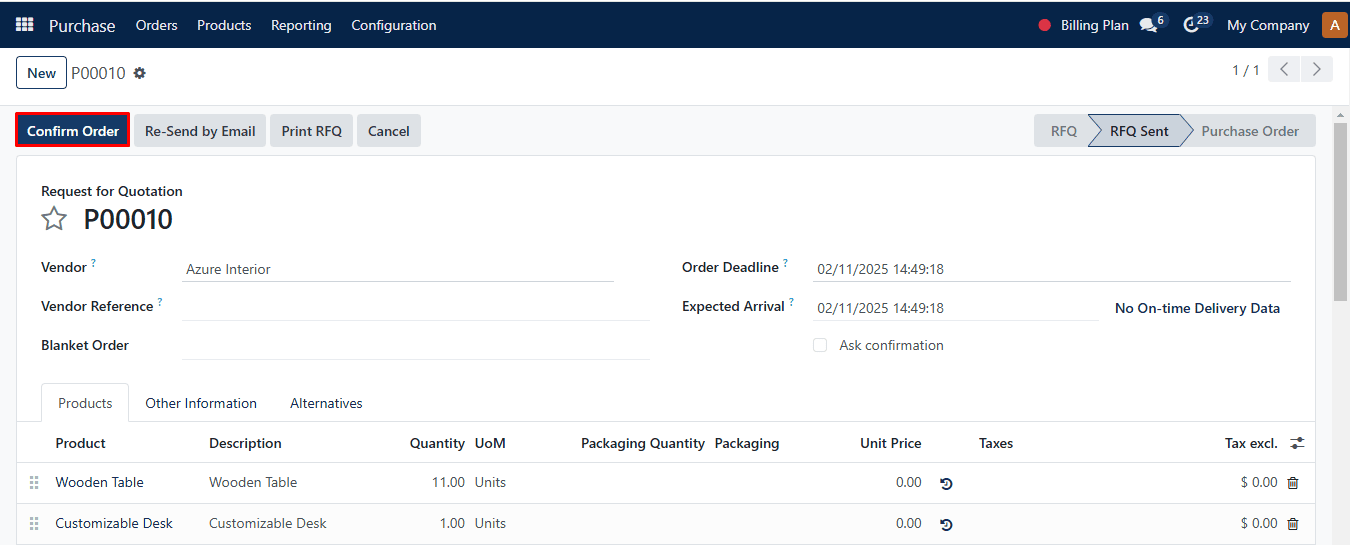 Request for quotes into a successful purchase order