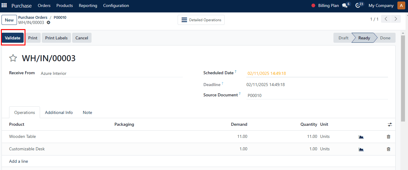 Validate option after Receiving Product