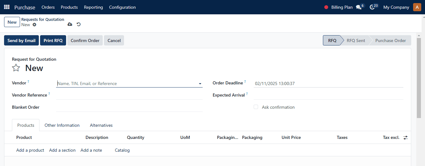 creation of a new request for a quotation