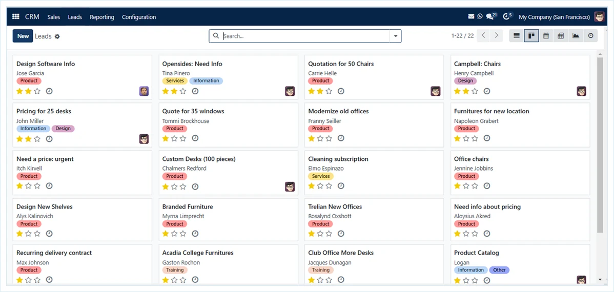 SAS CRM leads view listing enquiries as cards with tags, priority stars and owners (demo data)