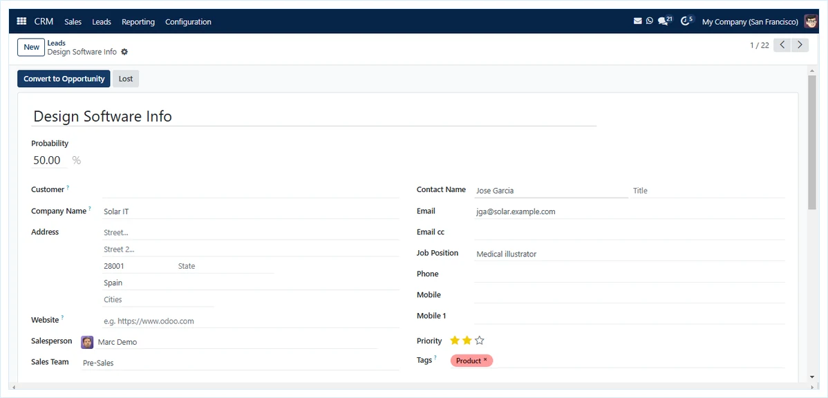 SAS CRM lead record showing customer, contact name, email, phone, salesperson and tags fields for IndiaMART CRM integration (demo data)