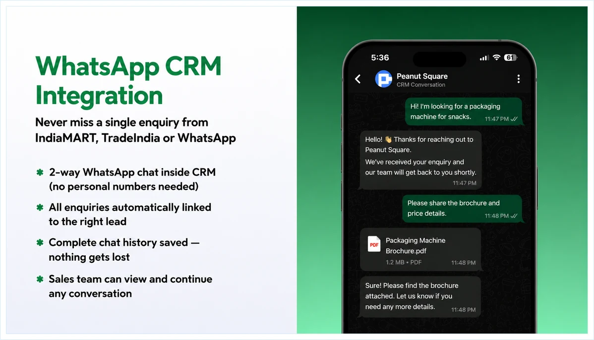 SAS WhatsApp CRM Integration graphic showing a WhatsApp chat replying to a new enquiry