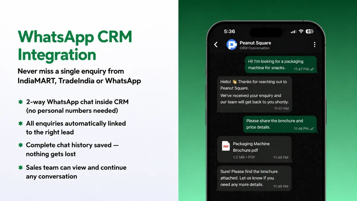 WhatsApp CRM automation in Sales Automation Suite: an instant first reply to a new enquiry, with the chat saved on the lead (demo data)