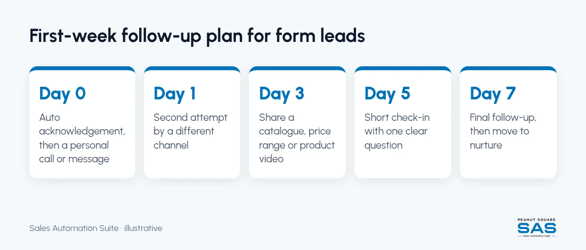 First-week follow-up plan for Facebook and Instagram form leads on Day 0, 1, 3, 5 and 7