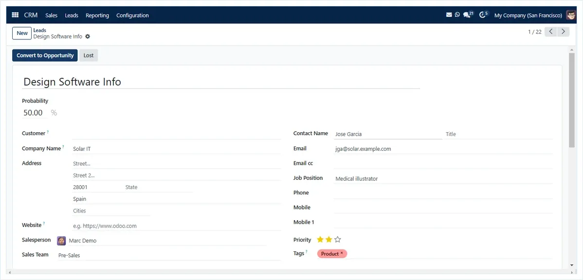 SAS CRM lead record with contact, phone, salesperson and sales team fields (demo data)