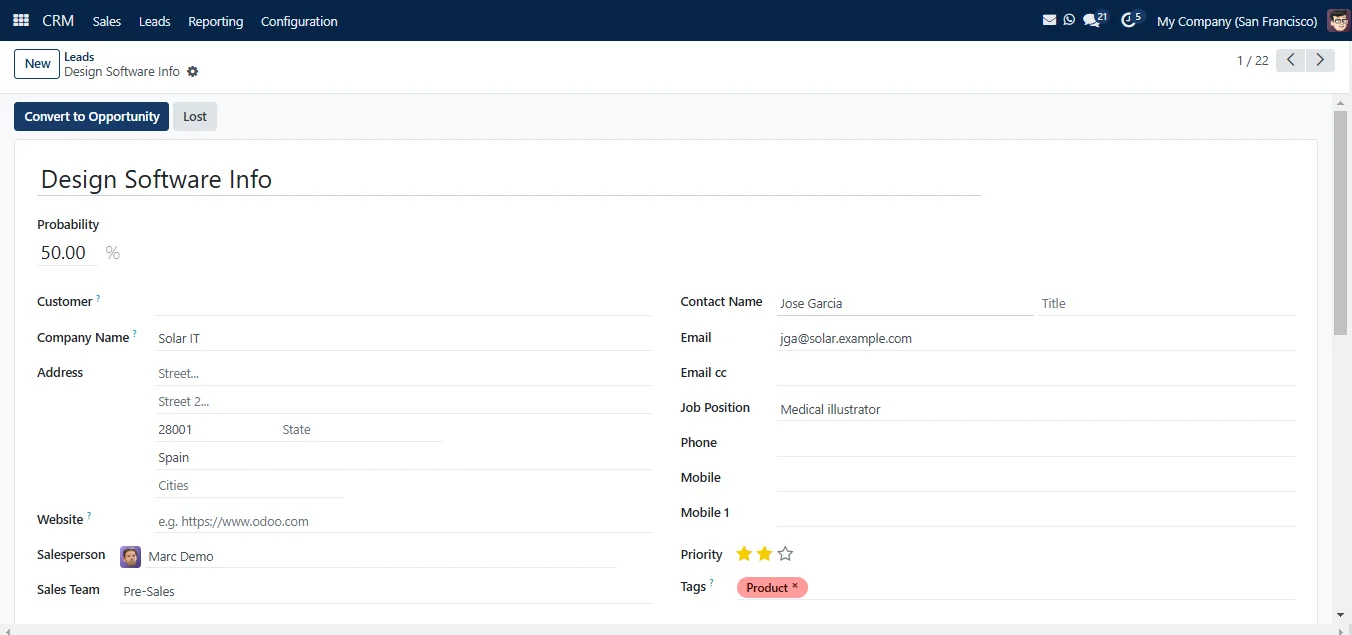 SAS CRM lead record with salesperson, sales team and Convert to Opportunity button (demo data)