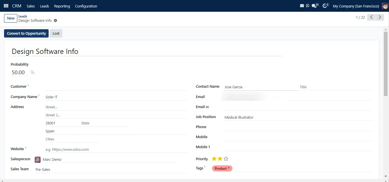 One opportunity record carries the buyer from enquiry to quotation. Demo data. SAS CRM opportunity record with contact, salesperson and stage (demo data)