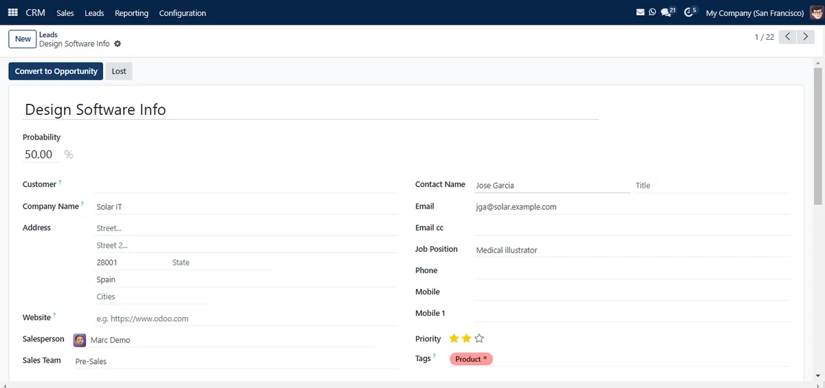 Opportunity record in SAS CRM with customer, salesperson and sales team (demo data)