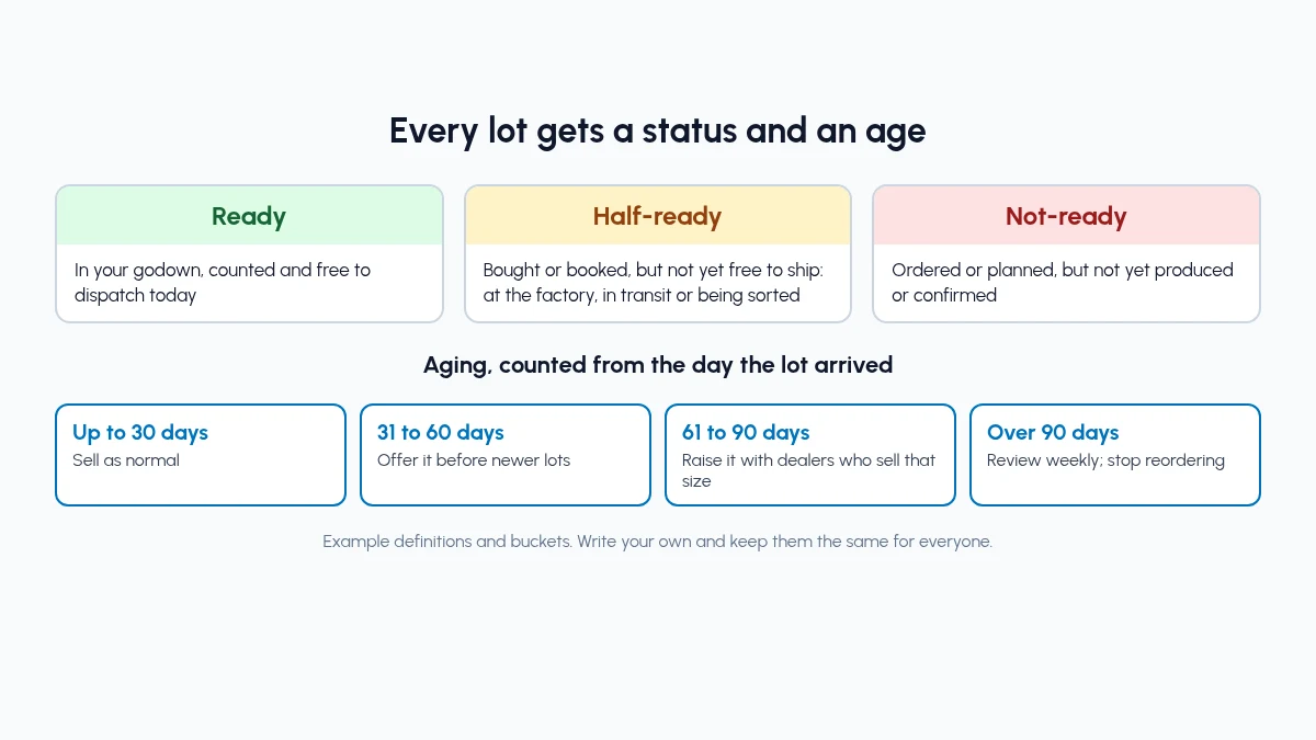 Every lot gets a status and an age. Example definitions; write your own. Ready, half-ready and not-ready stock status with example aging buckets and the action for each