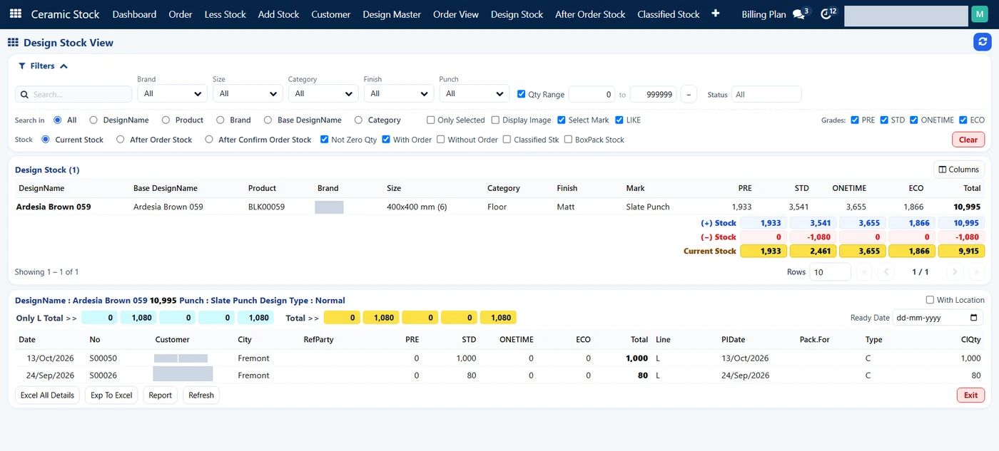 Design Stock View: what sales checks before promising a date. Names hidden. SAS Design Stock View for one tile design, with stock by grade, current stock after confirmed orders, and the customer orders booked against it (customer details hidden)