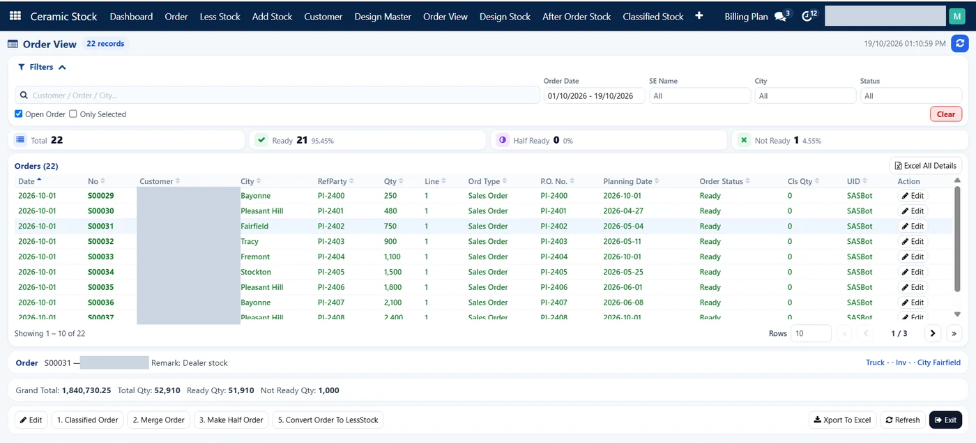 SAS Order View with open dealer orders by city, order quantity, planning date and ready, half-ready or not-ready count (customer names hidden)