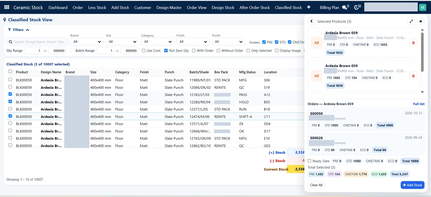Classified Stock View: one design, many batch or shade lines, each with a location. Names hidden. SAS Classified Stock View listing one tile design by batch or shade number, box pack, manufacturing status and godown location, with stock split into four grade columns (customer details hidden)