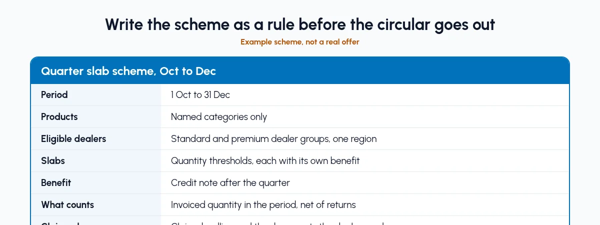 A scheme written as a rule. Example, not a real offer. An example scheme written as a rule: period, products, eligible dealers, slabs, benefit, what counts and claim rules