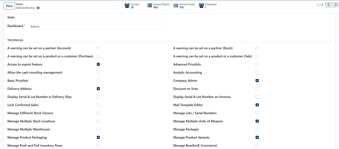 User access settings in SAS (demo data)