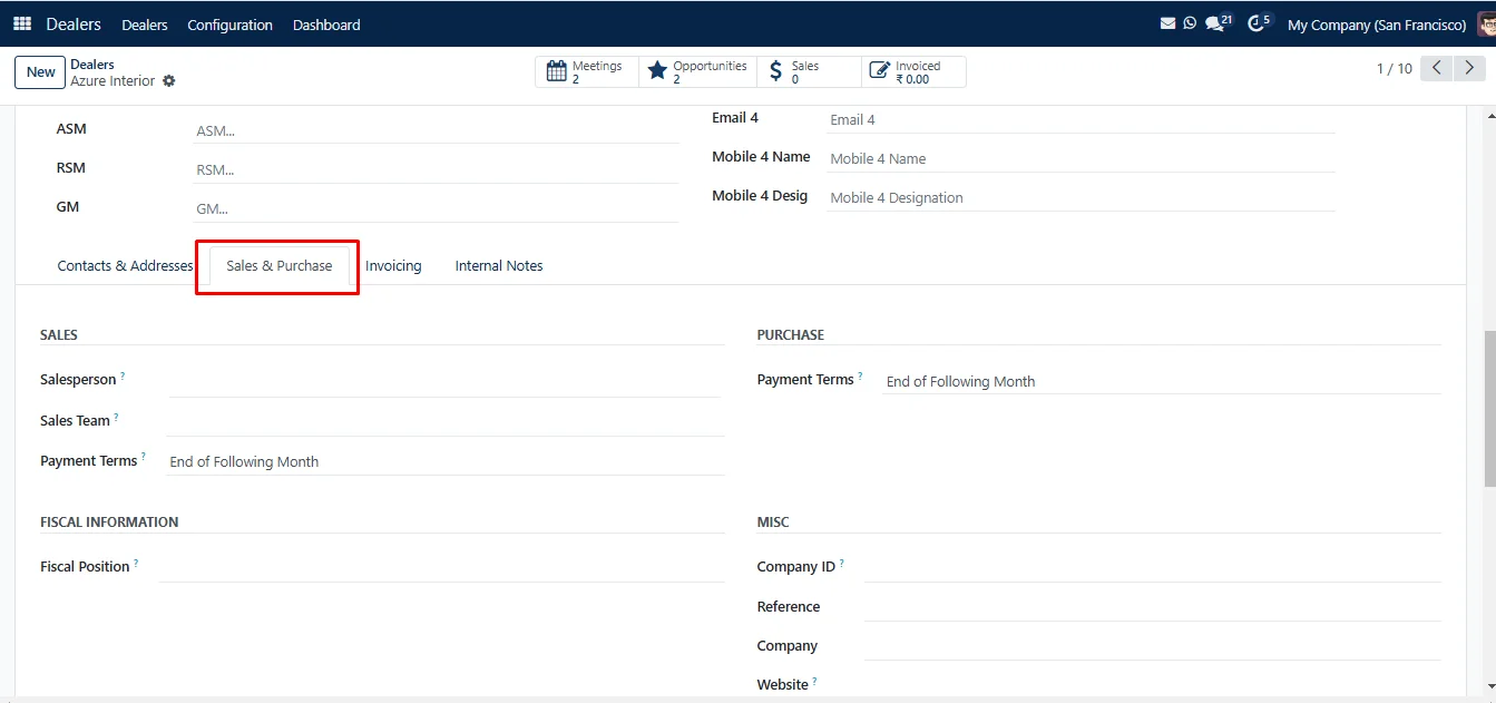 Buyer record in SAS with salesperson, sales team and payment terms (demo data)