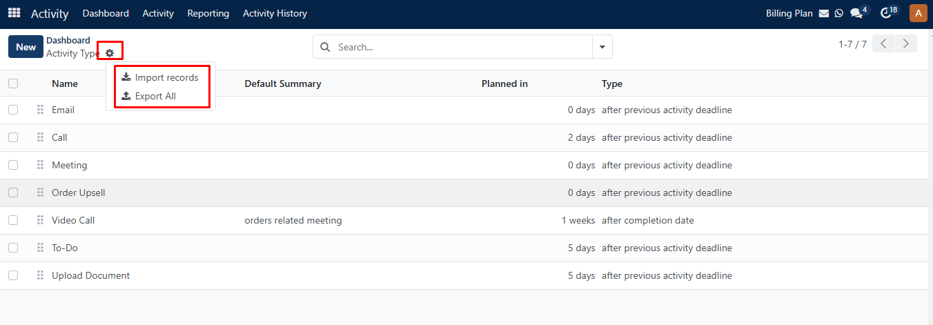 Activity Type Setting