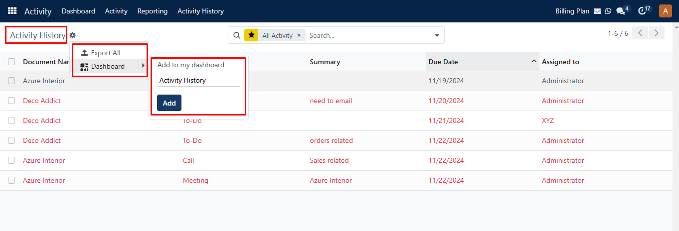 Activity history Dashboard