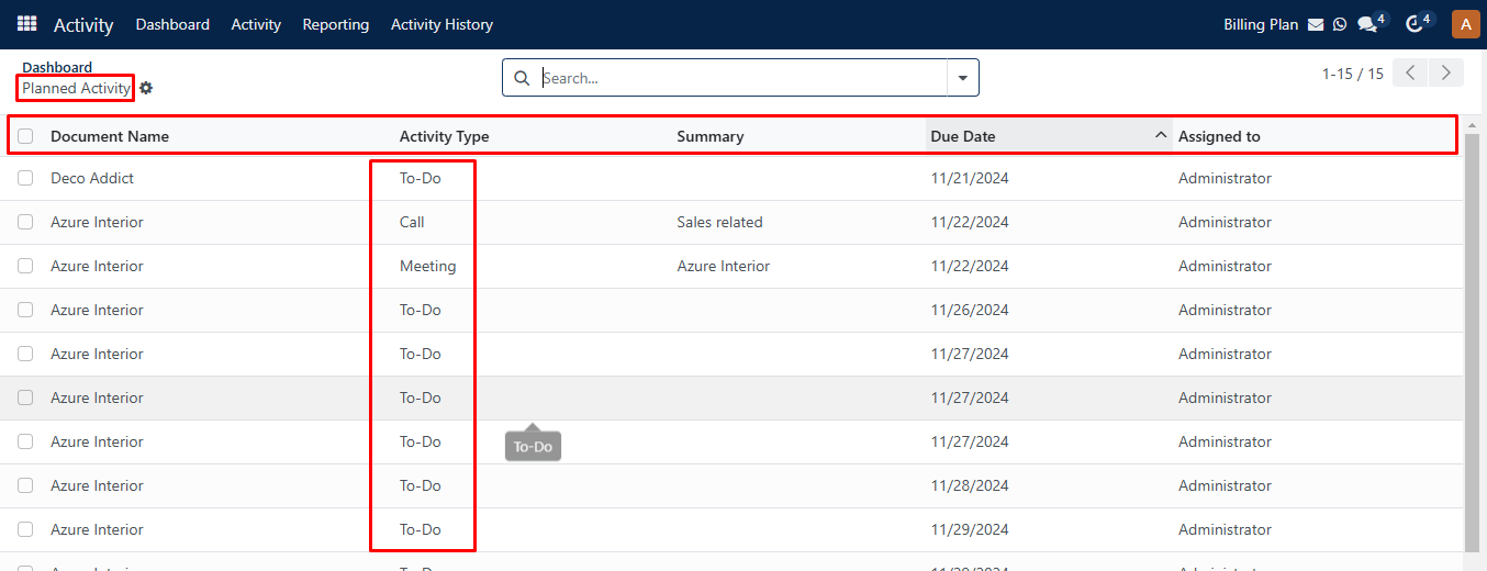 Export planned Activity