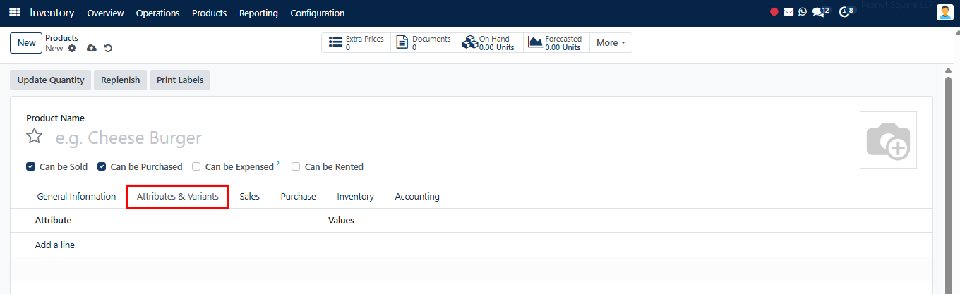 Attributes & Variants tab